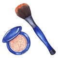 Watercolor women`s compact powder blush brush tool cosmetics make up isolated Royalty Free Stock Photo