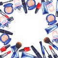 Watercolor women`s mascara, cream tube, red lipstick, nail polish manicure cosmetics make up frame border invitation Royalty Free Stock Photo