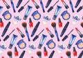 Watercolor women`s mascara, cream tube, red lipstick, nail polish manicure cosmetics make up pattern texture background