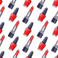 Watercolor women`s red lipstick nail polish manicure cosmetics make up seamless pattern texture background