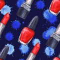 Watercolor women`s red lipstick nail polish manicure cosmetics make up spot seamless pattern texture background