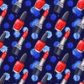 Watercolor women`s red lipstick nail polish manicure cosmetics make up spot seamless pattern texture background