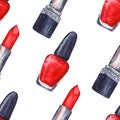 Watercolor women`s red lipstick nail polish manicure cosmetics make up seamless pattern texture background