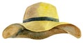 Watercolor women`s yellow summer hat with black ribbon