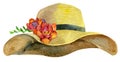 Watercolor women`s yellow summer hat with freesia