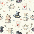 Watercolor wonderland seamless pattern background. Hand drawn vintage label with playing cards, vintage key, cylinder hat, teapot Royalty Free Stock Photo
