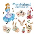 Watercolor wonderland set. Hand drawn vintage art work with white rabbit, girl in blue dress and playing cards