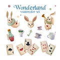 Watercolor wonderland set. Hand drawn vintage art work with white rabbit, playing cards and silver key