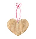 Watercolor wood heart illustration. Hand painted heart shape with wooden texture hanging on pink ribbon isolated on Royalty Free Stock Photo