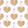 Watercolor wood heart seamless pattern. Love background. Hand painted heart shape with wooden texture hanging on Royalty Free Stock Photo