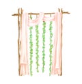 Watercolor wood wedding arch with hanging ivy leaves garlands and pastel curtains. Hand drawn wood archway isolated on