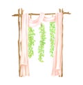 Watercolor wood wedding arch with hanging ivy leaves garlands and pastel curtains. Hand drawn wood archway isolated on