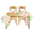 Watercolor wood wedding table with flower bouquets decoration isolated on white. Hand painted sweetheart table, wooden Royalty Free Stock Photo