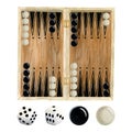 Watercolor wooden backgammon board with dices and black white chips gaming illustration set Royalty Free Stock Photo