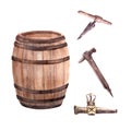 Watercolor wooden barrel with corkscrew, tap and hammer for wine, beer and other alcoholic beverages Royalty Free Stock Photo
