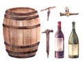 Watercolor wooden barrel with wine bottle, corkscrew, tap, hammer Wine making hand draw illustration Royalty Free Stock Photo