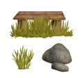 Watercolor wooden bench and grass illustration. Hand drawn outdoor wood seating, green plants and stone isolated on