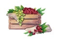 Watercolor wooden box of grapes decorated with leaves
