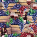 Watercolor wooden boxes with bottles, glasses of red wine and blue and red grapes.