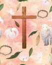 Watercolor wooden cross and lilies card for Easter, holy Thursday, religious seamless pattern on peach background