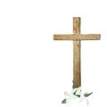 Watercolor wooden cross and lilies for Easter, holy Thursday, religious illustration isolated on white