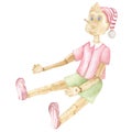 Watercolor illustration of pinocchio wooden toy Royalty Free Stock Photo
