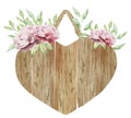 Watercolor wooden heart slice with flowers