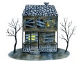 Watercolor wooden old abondoned haunted house with boarded and glowing windows, bare trees. Hand drawn Halloween card isolated on