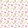 Watercolor Wooden Pinocchio Toy with Flowers Seamless Pattern