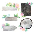 Watercolor wooden planks with flowers and leaves