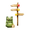 Watercolor wooden sign illlustration with hiking and camping backpack and compass. Direction indicators with arrow