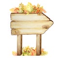 Watercolor Wooden signboards, empty Blank isolated with Autumn leaves decoration. Vintage old, retro Hand painted wood