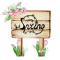 Watercolor Wooden signboards, empty Blank isolated with spring flowers decoration and lettering Happy Spring phrase