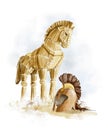 Watercolor wooden trojan horse and ammunition helmet from Greek myth Royalty Free Stock Photo