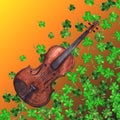 Watercolor wooden vintage violin fiddle musical instrument clover shamrock leaf plant pattern background Royalty Free Stock Photo