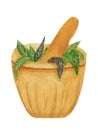 Watercolor wooden witch mortar with herbs, isolated on white background. For various products, Halloween, cards, etc.