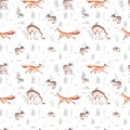 Watercolor Woodland animal Scandinavian seamless pattern. Fabric wallpaper background with Owl, hedgehog, fox and Royalty Free Stock Photo