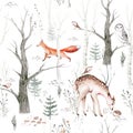 Watercolor Woodland animal Scandinavian seamless pattern. Fabric wallpaper background with Owl, hedgehog, fox and Royalty Free Stock Photo