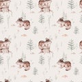 Watercolor Woodland animal Scandinavian seamless pattern. Fabric wallpaper background with Owl, hedgehog, fox and