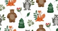 Watercolor woodland animals pattern for baby or kids. Cute forest bunny, teddy, fox and raccoon with leaf and pine tree