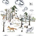 Watercolor Woodland animals seamless pattern. Fabric wallpaper background with Owl, hedgehog, fox and butterfly, bird baby animal