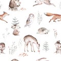 Watercolor Woodland animal Scandinavian seamless pattern. Fabric wallpaper background with Owl, hedgehog, fox and Royalty Free Stock Photo