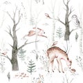 Watercolor Woodland animal Scandinavian seamless pattern. Fabric wallpaper background with Owl, hedgehog, fox and Royalty Free Stock Photo