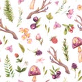 Watercolor woodland flowers seamless pattern in boho style with horns. Witchcraft wildflowers, berries, amanita