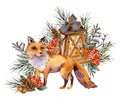 Watercolor woodland fox greeting card, Cute fox, Rustic lantern, Spruce branch, berries, pine cone and autumn leaves