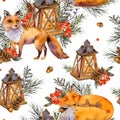 Watercolor woodland fox seamless pattern, Cute fox, Rustic lantern, Spruce branch, berries