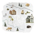 Watercolor woodland landscape with river, rural houses, cottage, forest trees and forest animals for map creator. Green