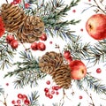 Watercolor woodland natural seamless pattern of fir branches, red apple, berries, pine cones, vintage botanical wallpaper on white Royalty Free Stock Photo