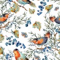 Watercolor woodland seamless pattern with birds, blue berries, moth and fir branches