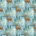 Watercolor woodland seamless pattern with deer and landscape. Hand painted buck deer with antlers, winter hill and fir